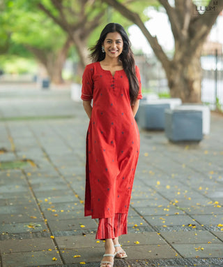 Garnet Red Cotton Handloom Coord Dress - Casual Wear