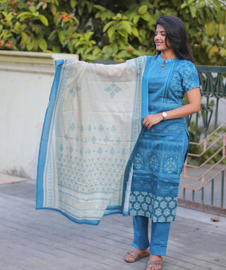 Azure Heritage Cotton 3 Piece Set with Hand Embroidery