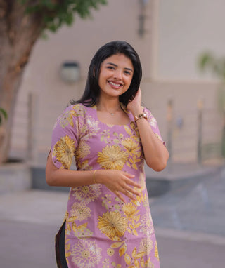 Lilac Golden Mist Cotton Kurti with Elbow Sleeves