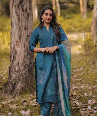 Deep Ocean Teal Embroidered Organza 3 Piece Festive Set