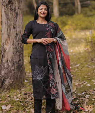 Midnight Onyx Black Hand Embroidered Organza 3 Piece Set