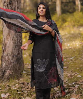 Midnight Onyx Black Hand Embroidered Organza 3 Piece Set