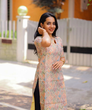 Gold Tissue Silk Kurti with Multicolour Abstract Print