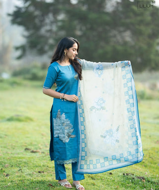 Ocean Teal Breeze Hand Embroidered Muslin 3 Piece Set