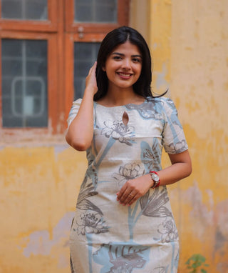 Misty Blue Slate Cotton Kurti with Elbow Sleeves