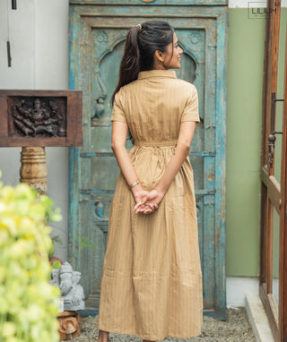 Cotton Maxi Dress in Stone Beige Lines with Pockets