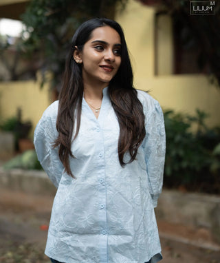 Ice Blue Blossom Cotton Embroidered Short Top