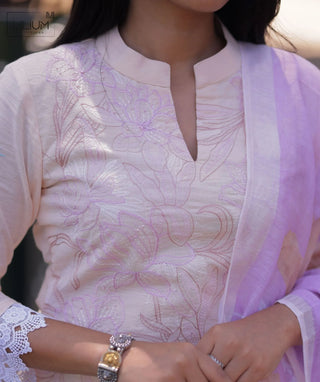 Ivory Blush Embroidered Cotton 3 Piece Festive Suit Set