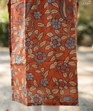 Coral Ember Kalamkari Print Cotton Ready-to-Wear Kurti