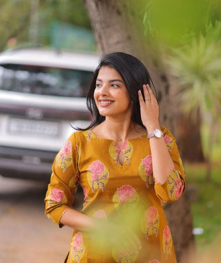 Golden Marigold Mustard Cotton Kurti | 3/4 Sleeve