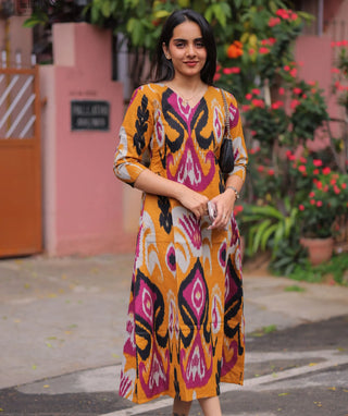 Amber Ikat Cotton A-Line Kurti with 3/4 Sleeves