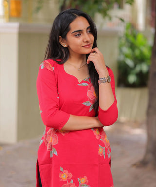 Hibiscus Flame Cotton Kurti with 3/4 Sleeves