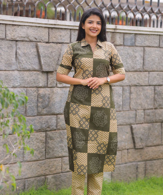 Olive Mosaic Cotton Co-Ord Set with Pockets for Women