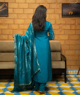 Persian Teal Pure Muslin 3-Piece Set with Zari Work