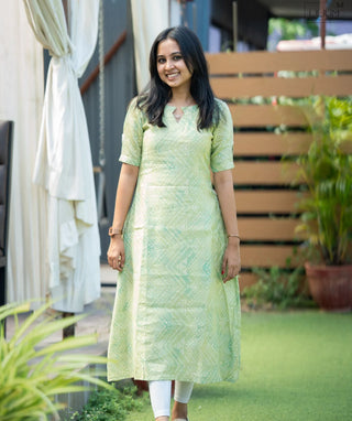 Lime Green Abstract A-Line Kurti in Rayon Cotton