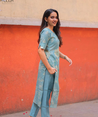 Aqua Sage Bloom Rayon Co-ord Set with Pockets & Elbow Sleeves