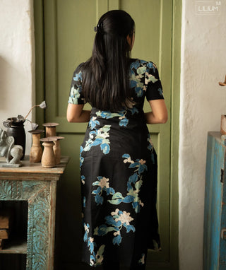 Midnight Bloom Noir Cotton Kurti with Elbow Sleeves