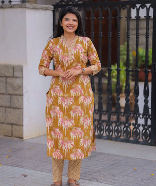 Golden Petal Ochre Cotton Co-Ord Set for Women
