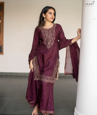 Royal Mulberry Wine Tussar Slub Silk 3 Piece Festive Set