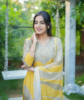 Yellow Blossom Muslin Silk 3-Piece Set with Embroidery