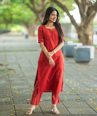 Garnet Red Cotton Handloom Coord Dress - Casual Wear