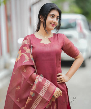 Elegant Maroon Zari Linen Kurti with Shawl - Casual Wear