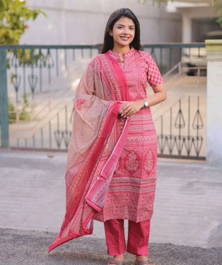 Vintage Fuchsia Cotton 3 Piece Set with Hand Embroidery