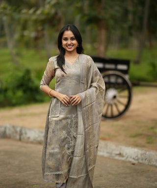 Mushroom Grey Tissue Silk 3-Piece Set – Festive Elegance
