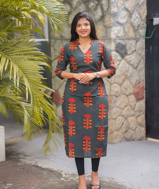 Ember Ash Cotton Kurti – Elegant 3/4 Sleeve Everyday Wear