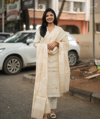 Almond Cream khadi cotton 3-piece set front view