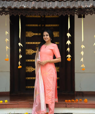 Amber Dusk Onam muslin 3 piece set with elbow sleeves