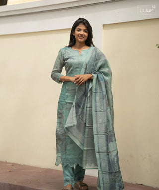 Aqua Sage tissue silk 3-piece dress set front view