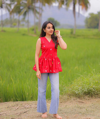 Carmine Red Embroidered Blossom Short Top