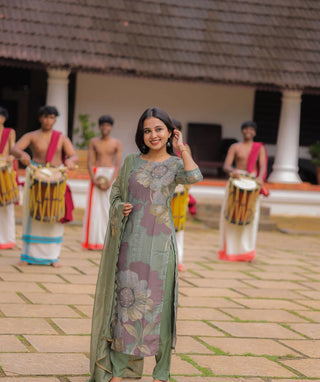 Designer women’s kurti set styled with dupatta for Onam wear
