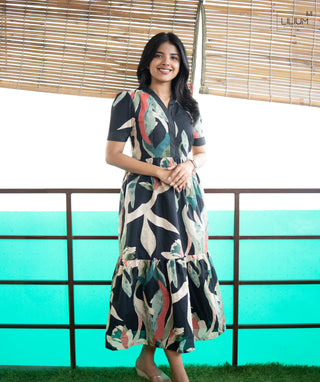 Obsidian black cotton maxi dress front view