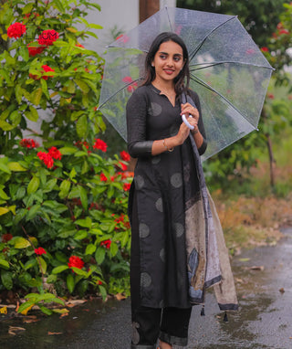 Crowned Charcoal Muslin Silk 3-Piece Set