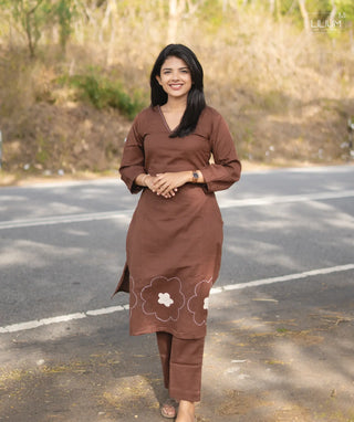 Dark Cocoa Khadi Cotton Co-ords with Full Sleeves