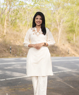Dewdrop White Khadi Cotton Co-ords with Lace Sleeves