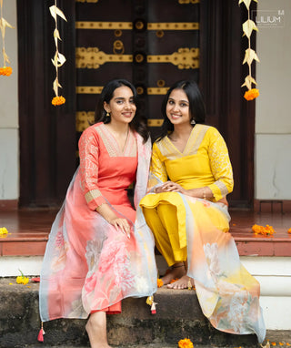 Elegant Coral Lace Work Anarkali Dress