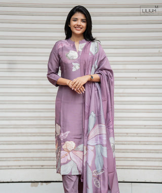 Ethereal Iris Muslin 3-Piece Kurti Set Front View