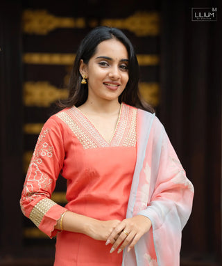 Festive Coral Muslin Kurta Set for Women