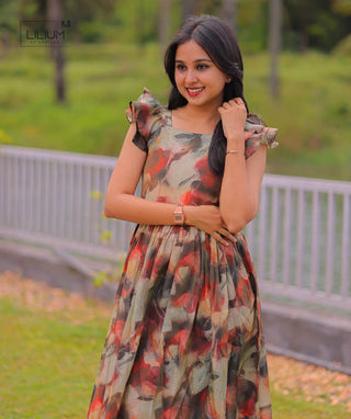 Floral modal shimmer maxi dress close-up