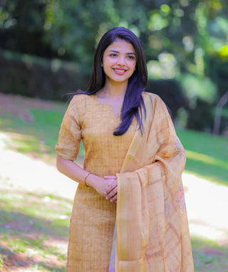 Golden Husk tissue silk kurti with shawl front view