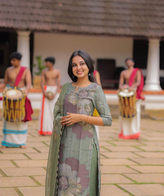 Women’s embroidered kurti set with dupatta in soft green