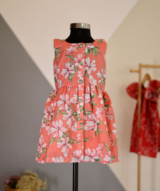 Coral Garden: Sleeveless Floral Dress for Toddlers