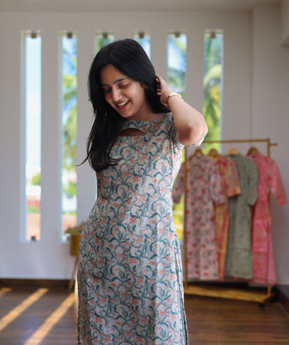 Floral Cream with Teal Green Mix Kurti