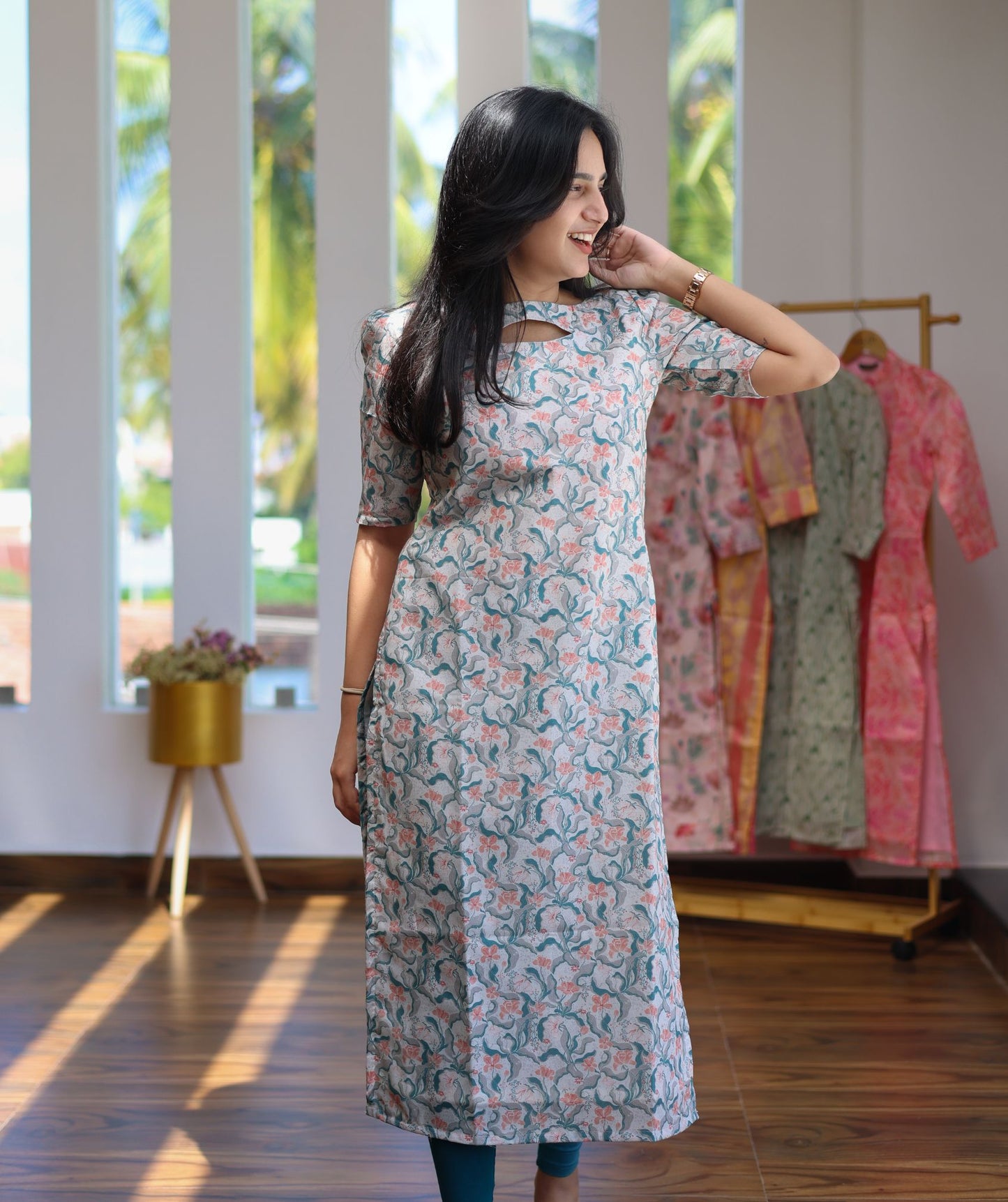 Floral Cream with Teal Green Mix Kurti