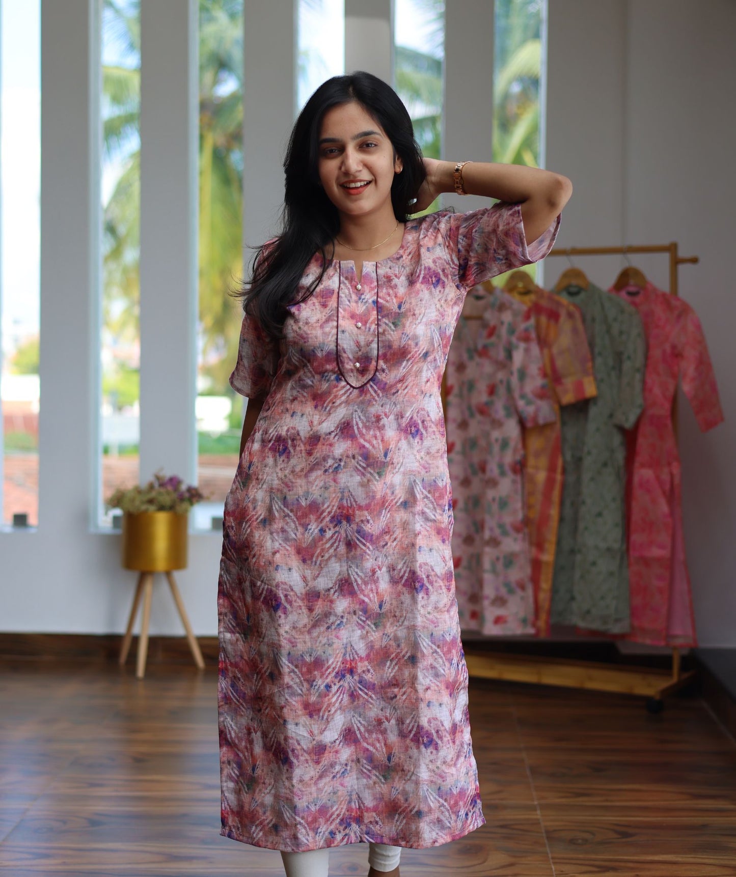 Multicolour Pink Linen Kurti