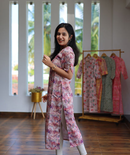 Multicolour Pink Linen Kurti