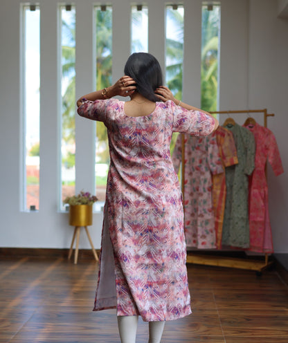 Multicolour Pink Linen Kurti